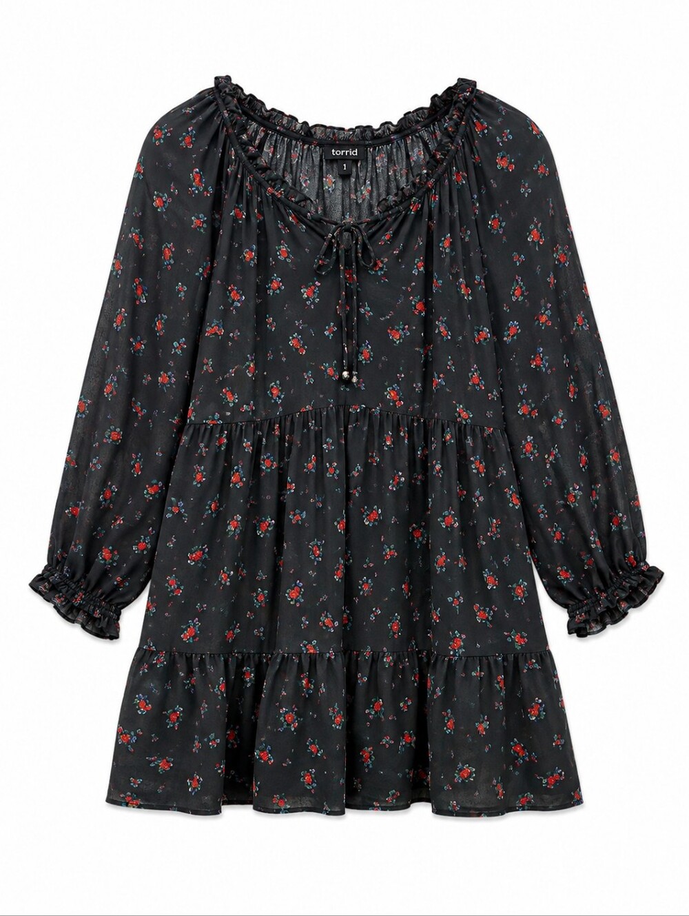 289-torrid Black Floral Tiered Peasant Mini Dress
